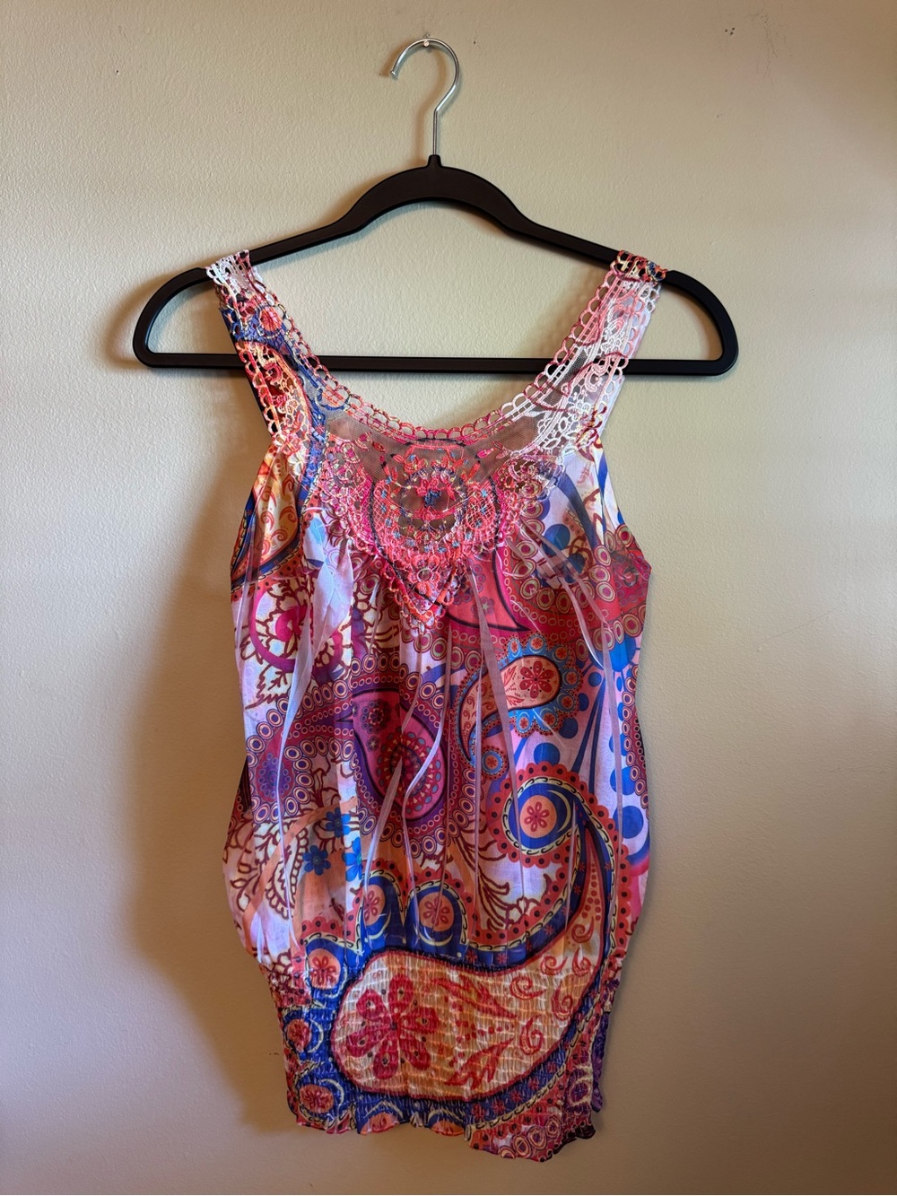 Crochet Detail Paisley Tank Top - Pink Multi